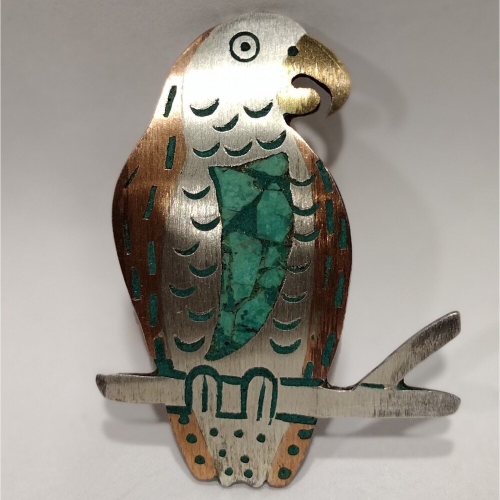 Vintage Mexican Silver Copper Brass Turquoise inlaid Parrot Pin